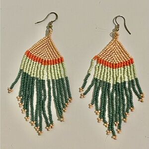 Ink Alloy Triangle Long Seed Beads Dangle Earrings Pink Orange Green Tribal Boho